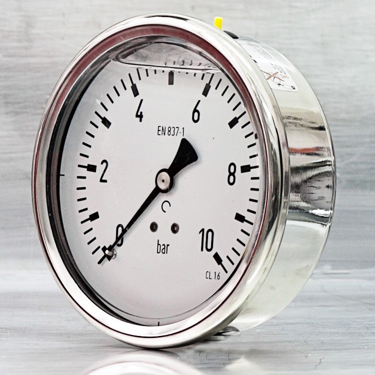 Manometer 012 bar RVS Ø63mm, Glycerine gevuld, ¼" achter aansluiting